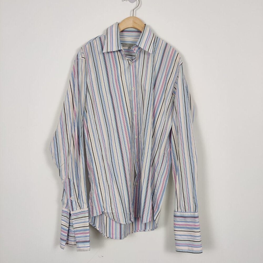 Ted Baker Men's Button Down Shirt Size 3 Colorful Striped 100% Cotton Formal